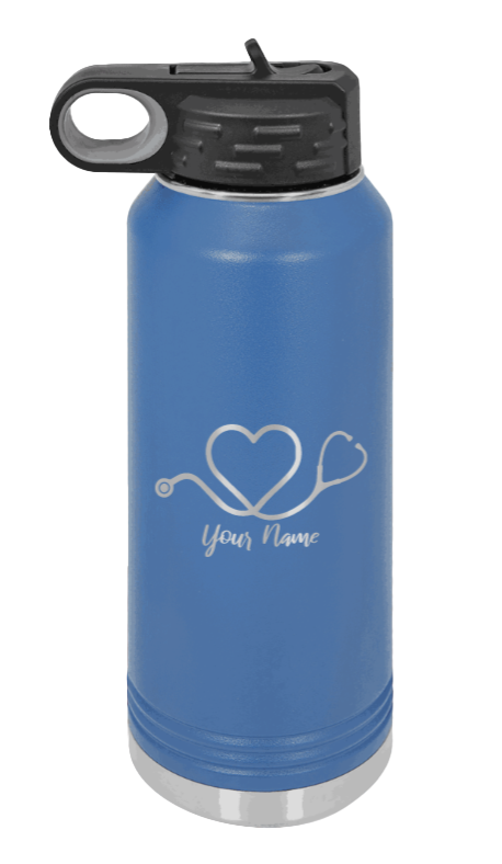 Heart Stethoscope with Name - 32oz Water Bottle Laser Engraved- Royal Blue