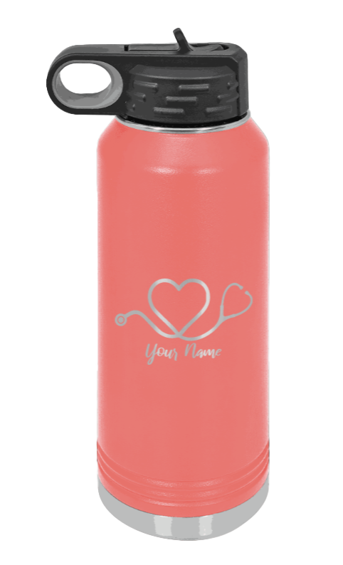 Heart Stethoscope with Name - 32oz Water Bottle Laser Engraved- Coral