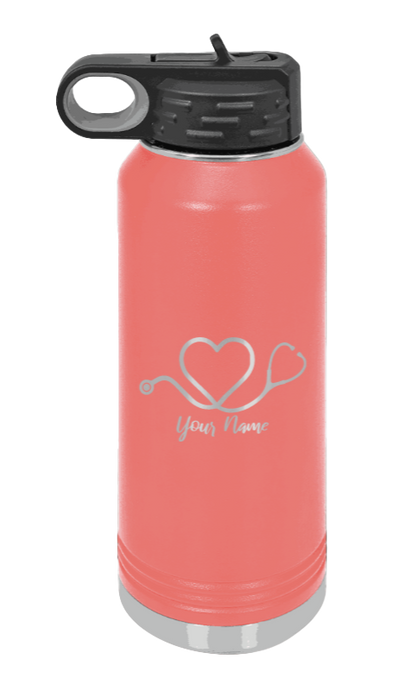 Heart Stethoscope with Name - 32oz Water Bottle Laser Engraved- Coral