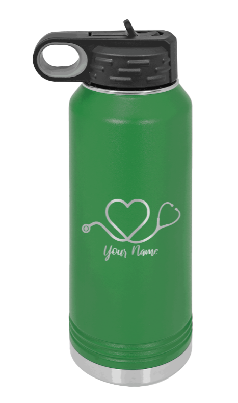 Heart Stethoscope with Name - 32oz Water Bottle Laser Engraved- Green