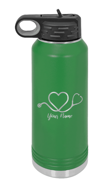 Heart Stethoscope with Name - 32oz Water Bottle Laser Engraved- Green
