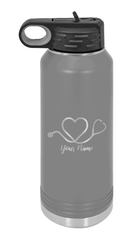 Heart Stethoscope with Name - 32oz Water Bottle Laser Engraved- Dark Grey