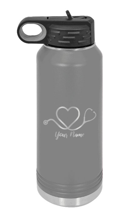 Heart Stethoscope with Name - 32oz Water Bottle Laser Engraved- Dark Grey