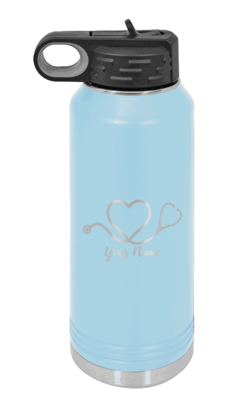 Heart Stethoscope with Name - 32oz Water Bottle Laser Engraved- Light Blue