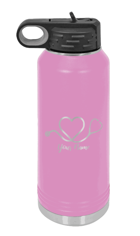 Heart Stethoscope with Name - 32oz Water Bottle Laser Engraved- Light Purple