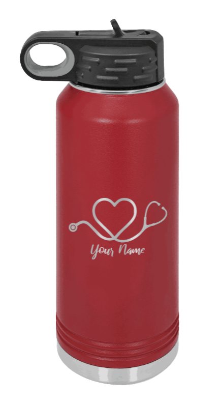 Heart Stethoscope with Name - 32oz Water Bottle Laser Engraved- Maroon