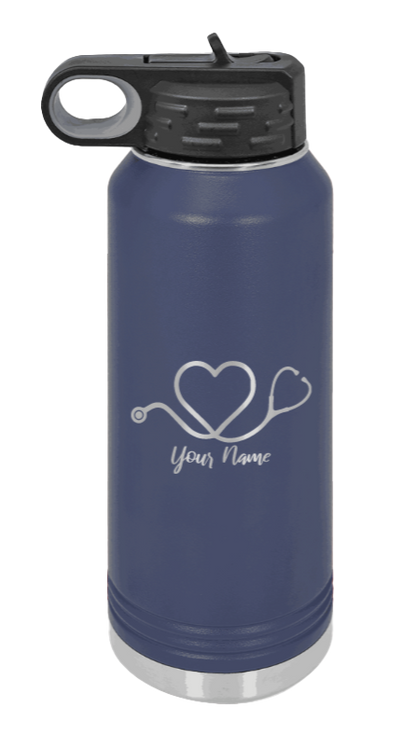 Heart Stethoscope with Name - 32oz Water Bottle Laser Engraved- Navy