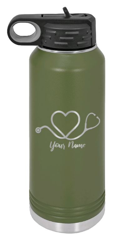 Heart Stethoscope with Name - 32oz Water Bottle Laser Engraved- Olive