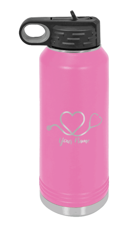 Heart Stethoscope with Name - 32oz Water Bottle Laser Engraved- Pink