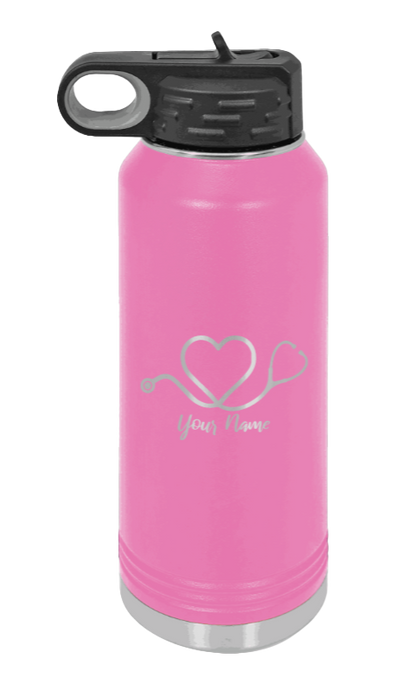 Heart Stethoscope with Name - 32oz Water Bottle Laser Engraved- Pink