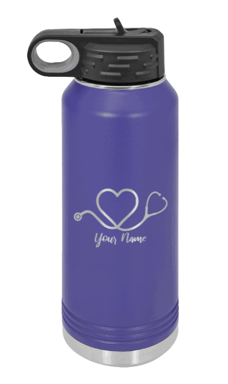 Heart Stethoscope with Name - 32oz Water Bottle Laser Engraved- Purple