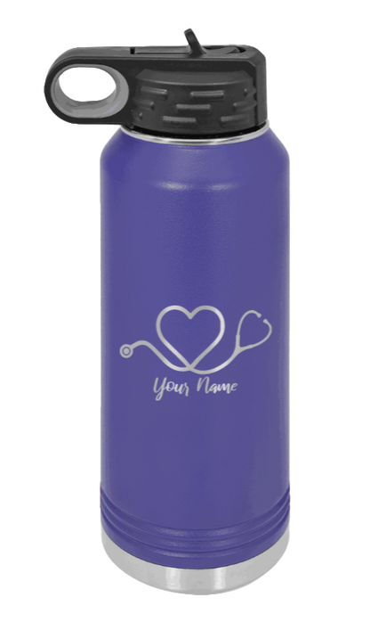 Heart Stethoscope with Name - 32oz Water Bottle Laser Engraved- Purple