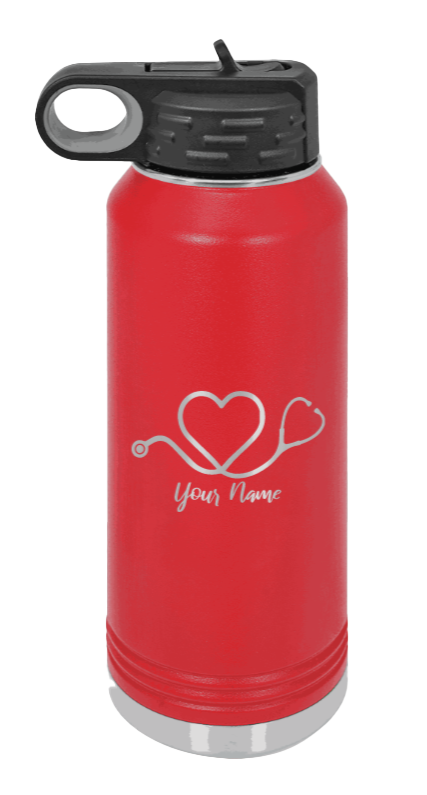 Heart Stethoscope with Name - 32oz Water Bottle Laser Engraved- Red