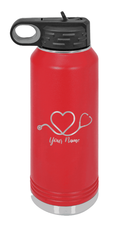 Heart Stethoscope with Name - 32oz Water Bottle Laser Engraved- Red