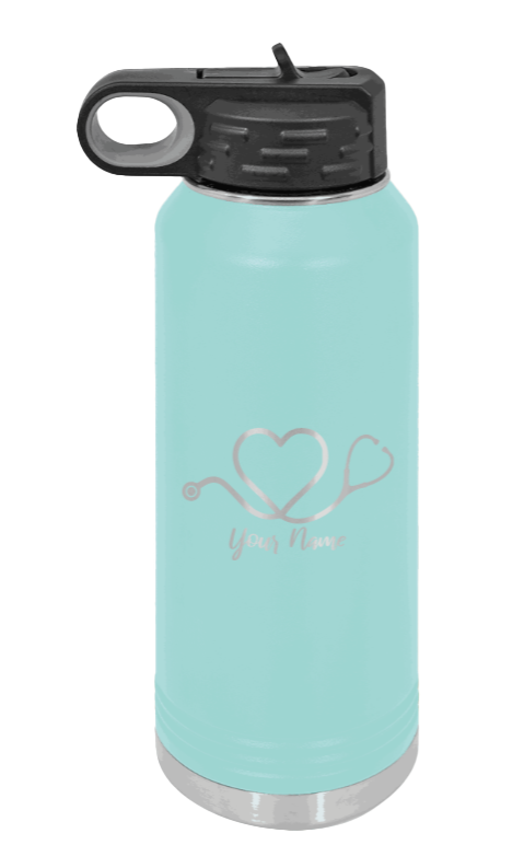Heart Stethoscope with Name - 32oz Water Bottle Laser Engraved- Teal