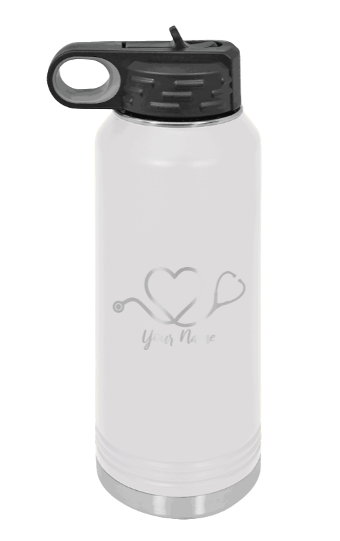 Heart Stethoscope with Name - 32oz Water Bottle Laser Engraved- White