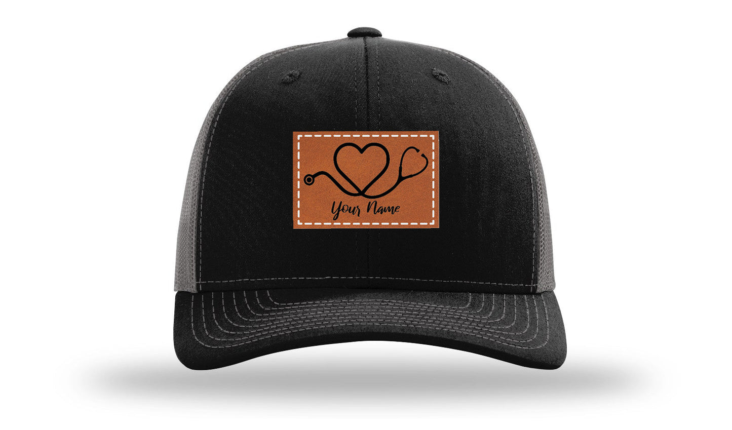 Heart Stethoscope with Name  Leather Patch Richardson 112 Hat