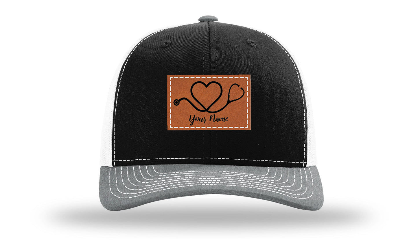 Heart Stethoscope with Name  Leather Patch Richardson 112 Hat