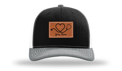 Heart Stethoscope with Name  Leather Patch Richardson 112 Hat