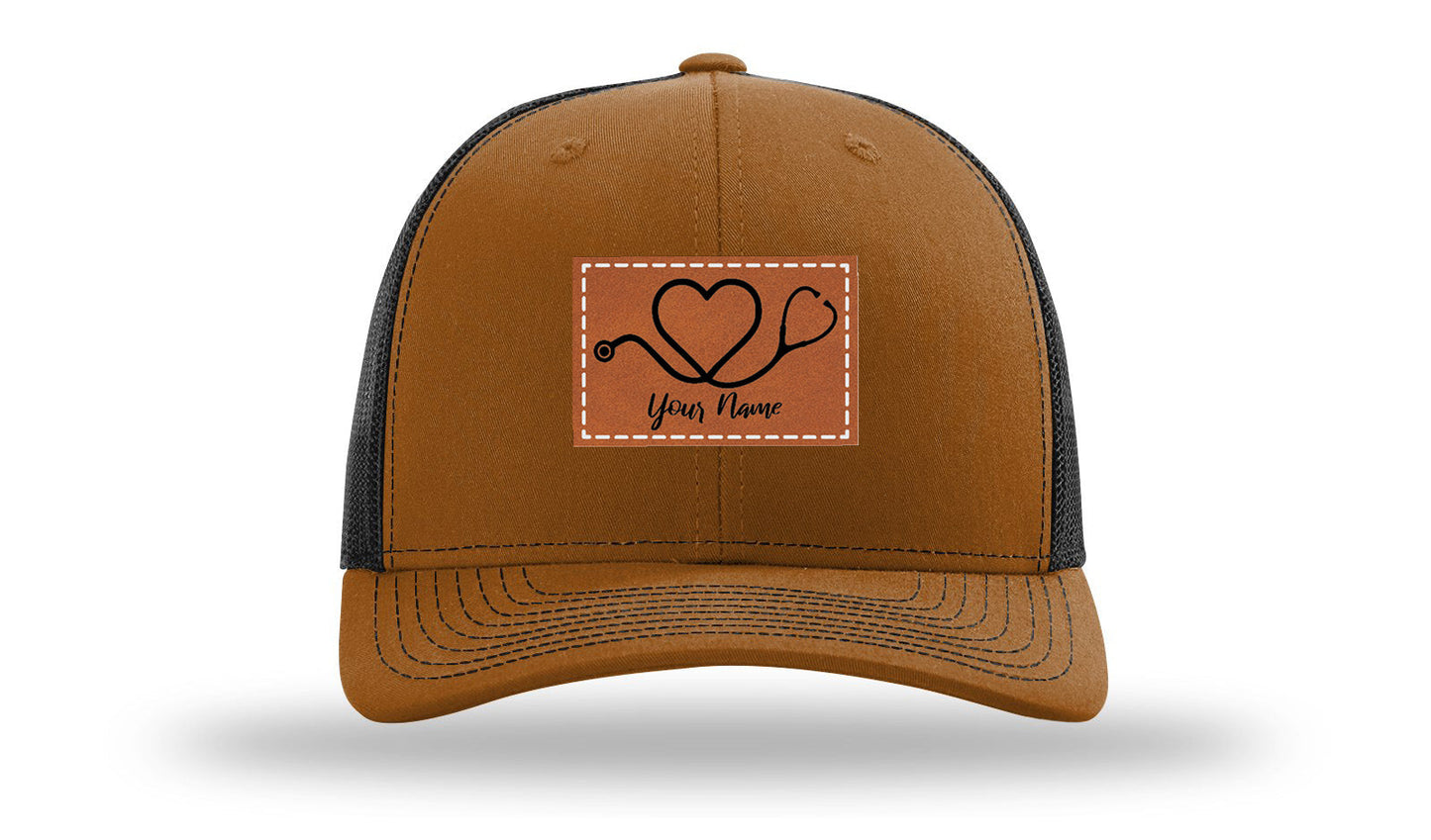 Heart Stethoscope with Name  Leather Patch Richardson 112 Hat