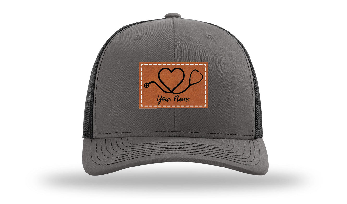 Heart Stethoscope with Name  Leather Patch Richardson 112 Hat