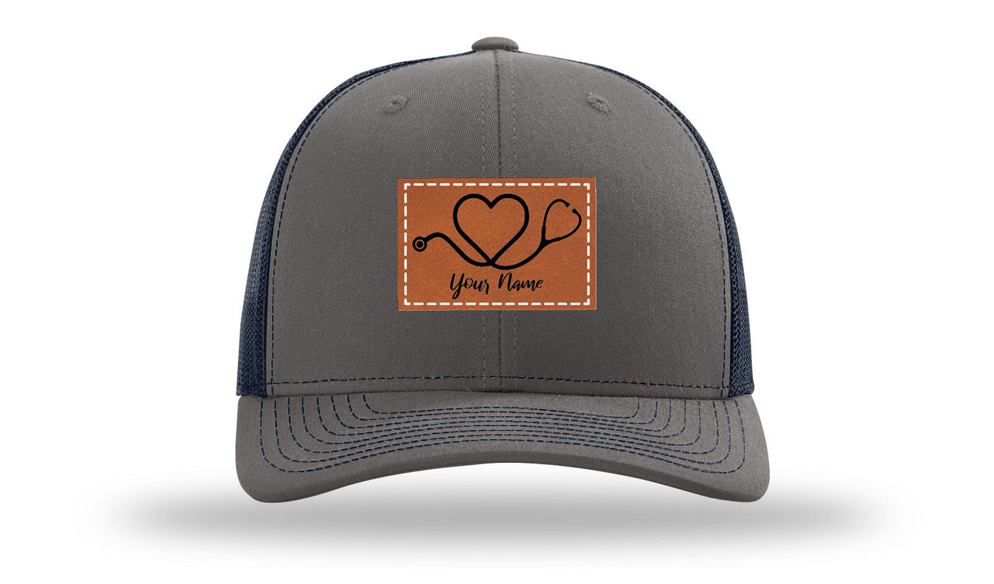 Heart Stethoscope with Name  Leather Patch Richardson 112 Hat
