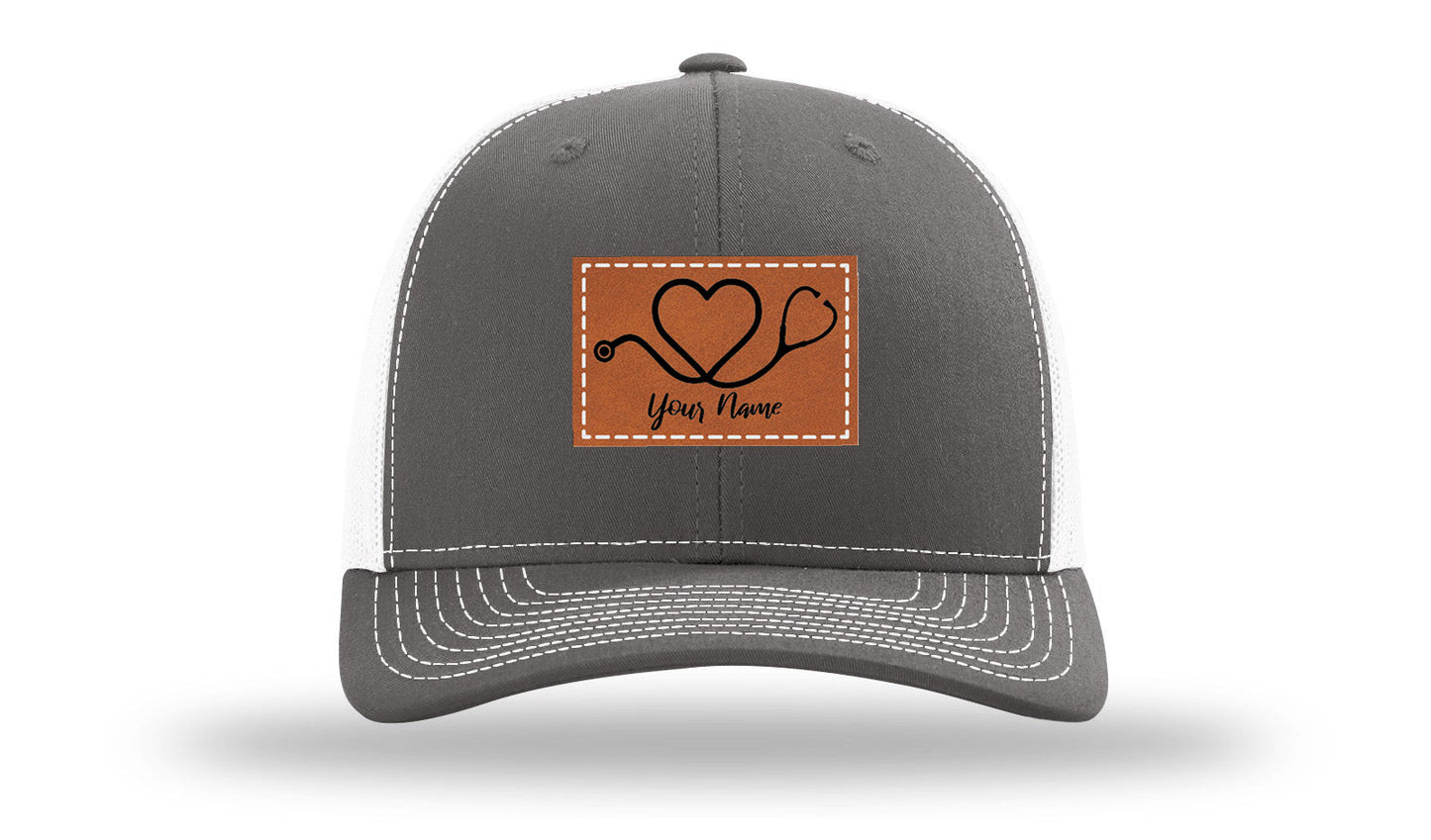 Heart Stethoscope with Name  Leather Patch Richardson 112 Hat