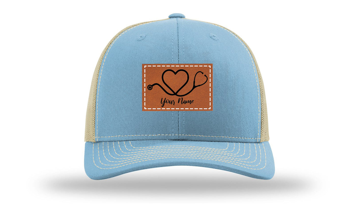 Heart Stethoscope with Name  Leather Patch Richardson 112 Hat