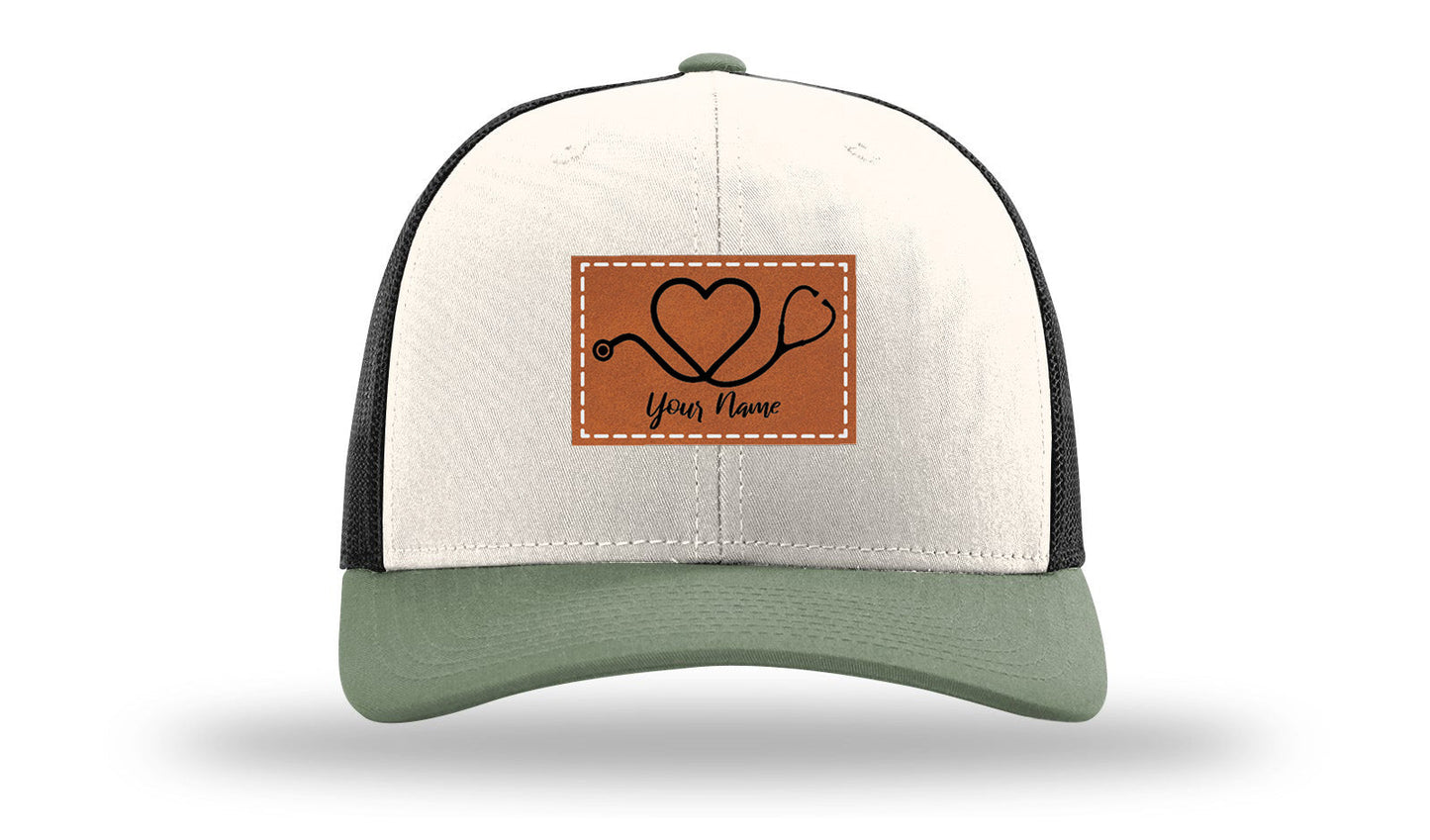 Heart Stethoscope with Name  Leather Patch Richardson 112 Hat