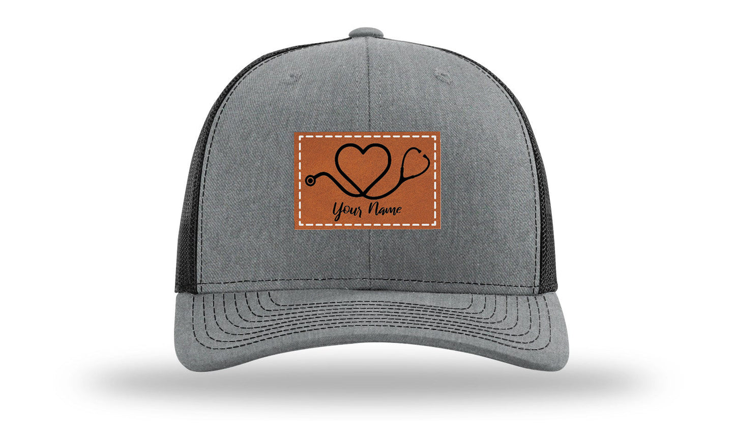 Heart Stethoscope with Name  Leather Patch Richardson 112 Hat