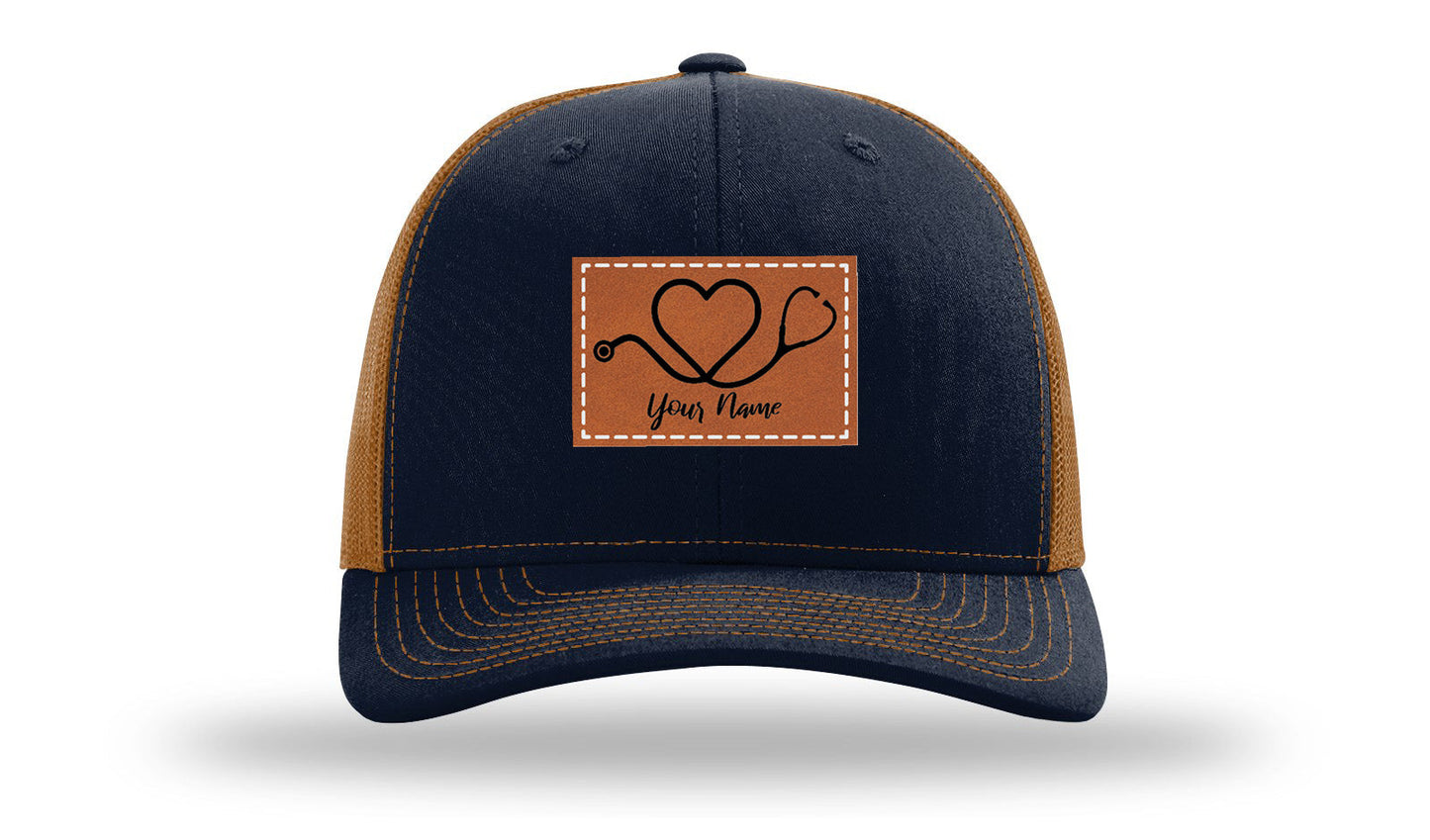 Heart Stethoscope with Name  Leather Patch Richardson 112 Hat