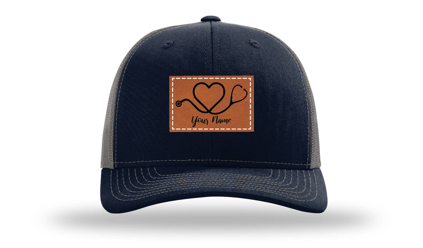 Heart Stethoscope with Name  Leather Patch Richardson 112 Hat