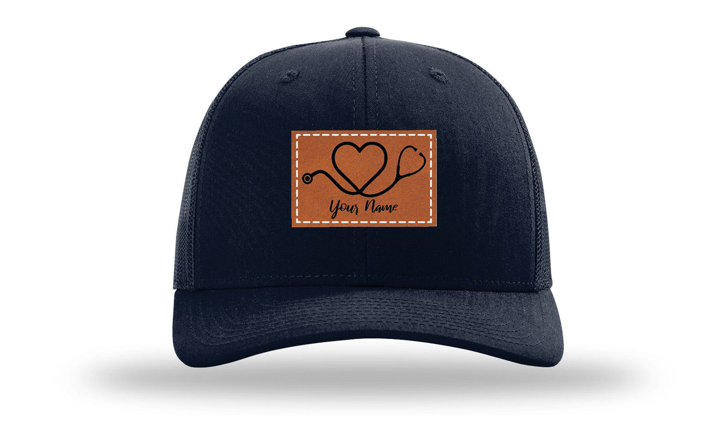 Heart Stethoscope with Name  Leather Patch Richardson 112 Hat
