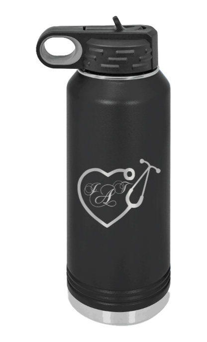 Heart Stethoscope with Monogram - 32oz Water Bottle Laser Engraved- Black
