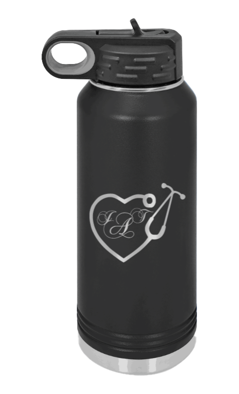 Heart Stethoscope with Monogram - 32oz Water Bottle Laser Engraved- Black
