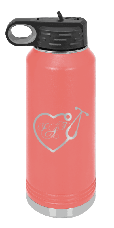 Heart Stethoscope with Monogram - 32oz Water Bottle Laser Engraved- Coral