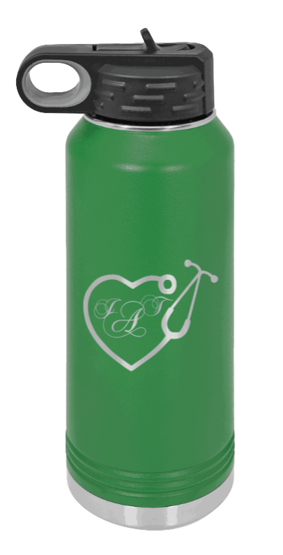 Heart Stethoscope with Monogram - 32oz Water Bottle Laser Engraved- Green