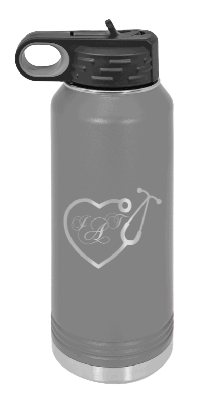 Heart Stethoscope with Monogram - 32oz Water Bottle Laser Engraved- Dark Grey
