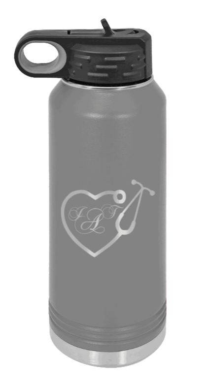 Heart Stethoscope with Monogram - 32oz Water Bottle Laser Engraved- Dark Grey