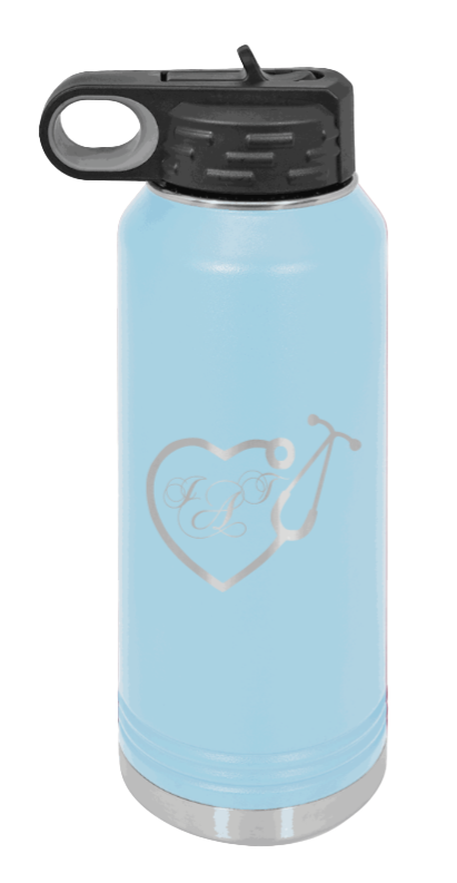 Heart Stethoscope with Monogram - 32oz Water Bottle Laser Engraved- Light Blue