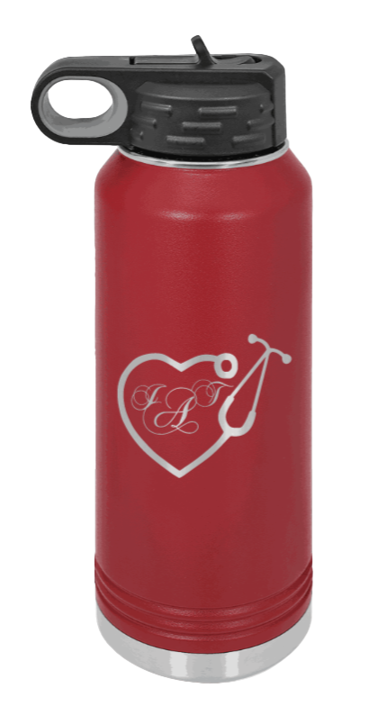 Heart Stethoscope with Monogram - 32oz Water Bottle Laser Engraved- Maroon