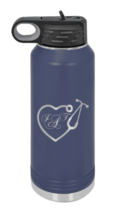 Heart Stethoscope with Monogram - 32oz Water Bottle Laser Engraved- Navy