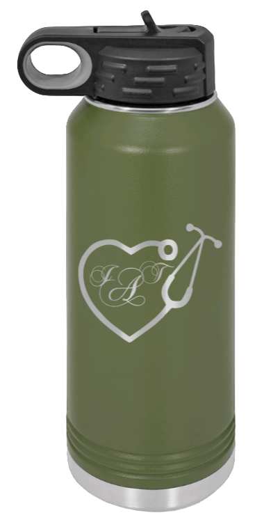 Heart Stethoscope with Monogram - 32oz Water Bottle Laser Engraved- Olive