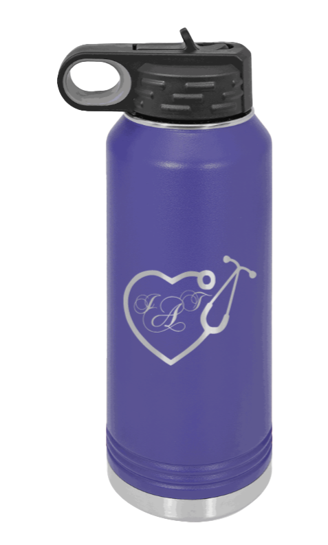 Heart Stethoscope with Monogram - 32oz Water Bottle Laser Engraved- Purple