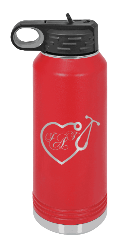 Heart Stethoscope with Monogram - 32oz Water Bottle Laser Engraved- Red