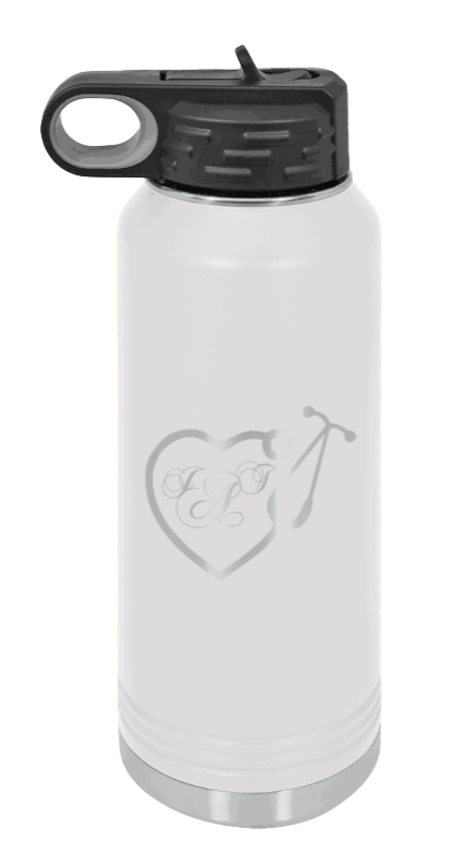 Heart Stethoscope with Monogram - 32oz Water Bottle Laser Engraved- White