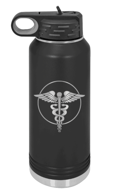 Caduceus - 32oz Water Bottle Laser Engraved- Black