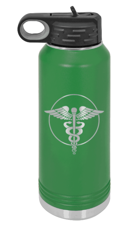 Caduceus - 32oz Water Bottle Laser Engraved- Green