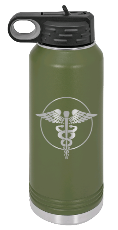 Caduceus - 32oz Water Bottle Laser Engraved- Olive