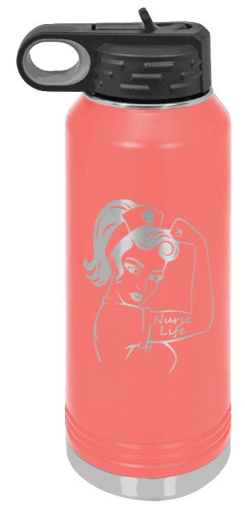 Nurse Life Girl - 32oz Water Bottle Laser Engraved- Coral